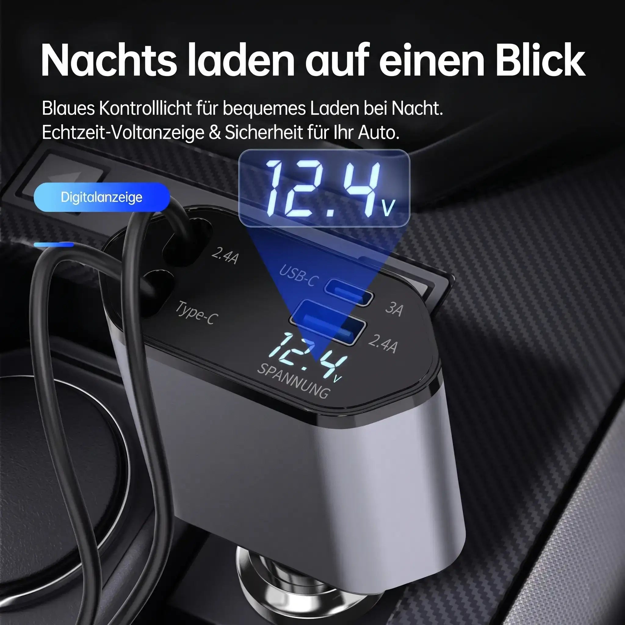 4-in-1 Kfz-Ladegerät mit ausziehbarem Kabel
