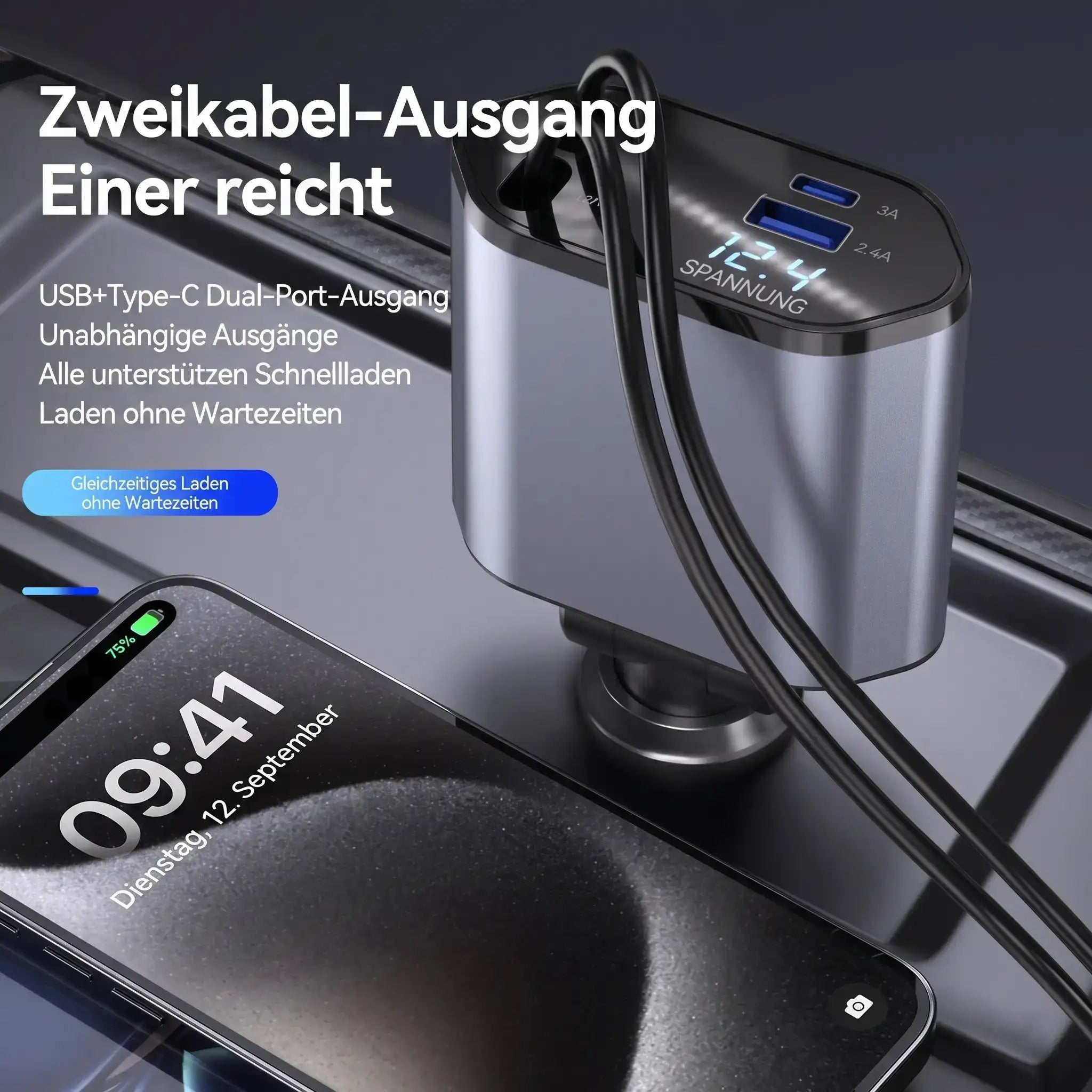 4-in-1 Kfz-Ladegerät mit ausziehbarem Kabel