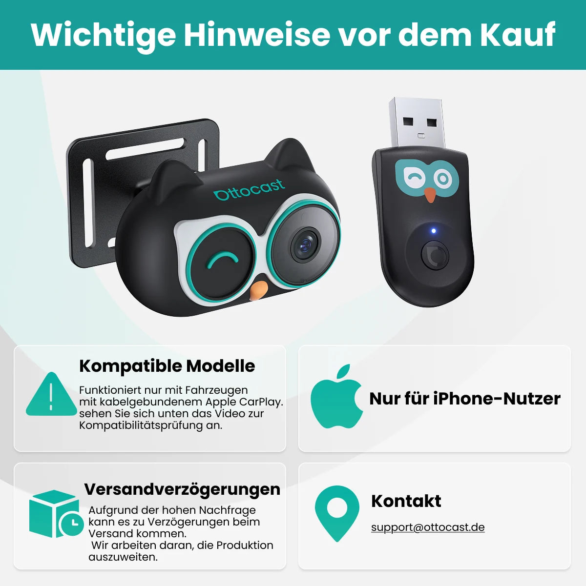 Adaptateur sans fil Ottocast® Cabin Care Owl Monitoring pour CarPlay