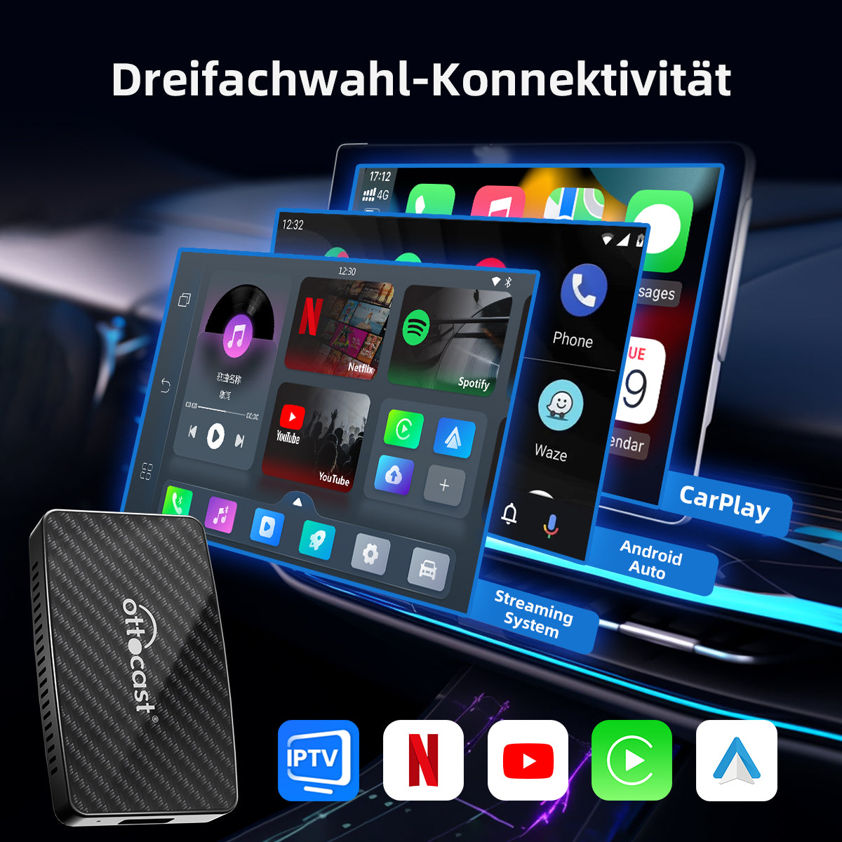 Ottocast® Play2Video Pro Kabelloser CarPlay/Android Auto All-in-One-Adapter