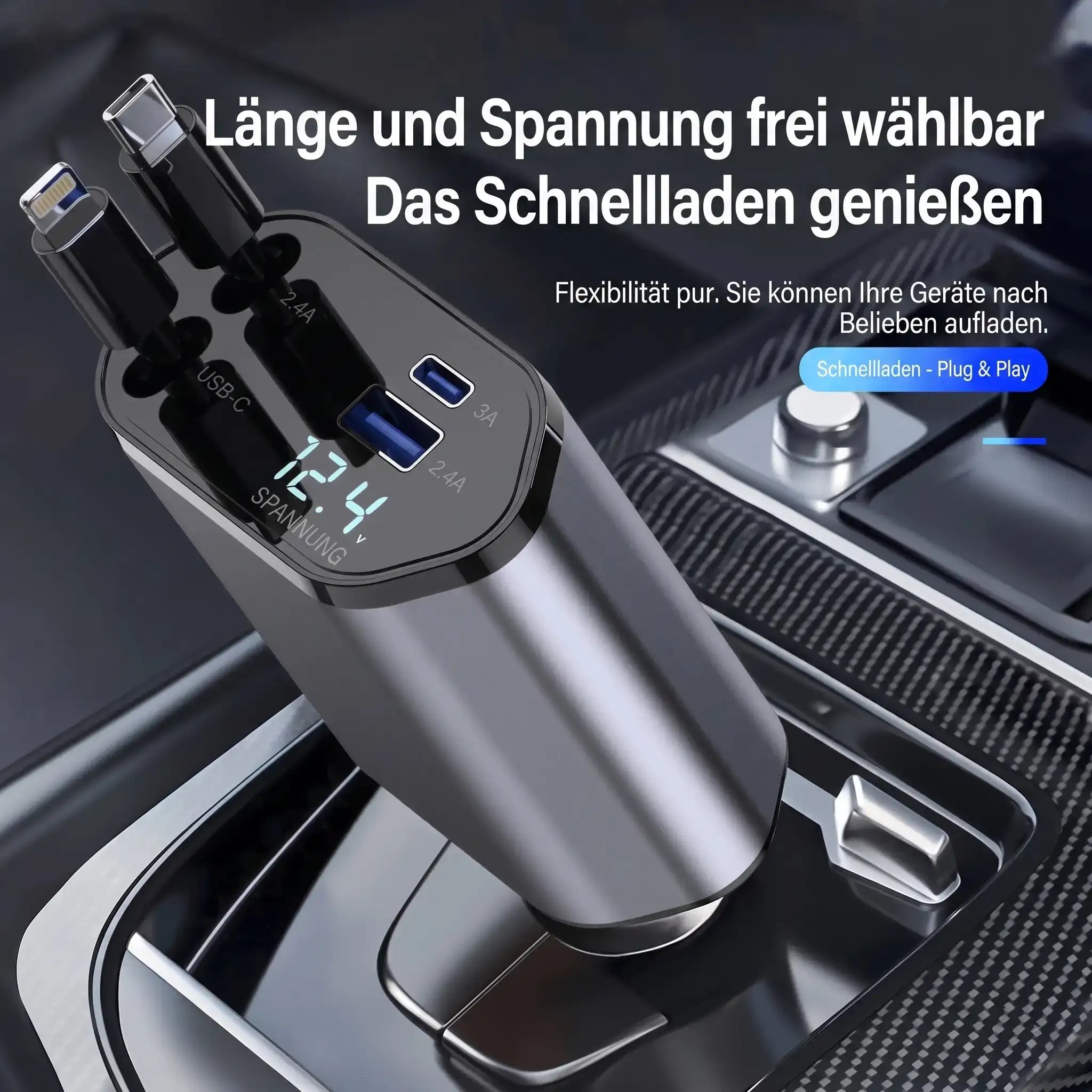 4-in-1 Kfz-Ladegerät mit ausziehbarem Kabel