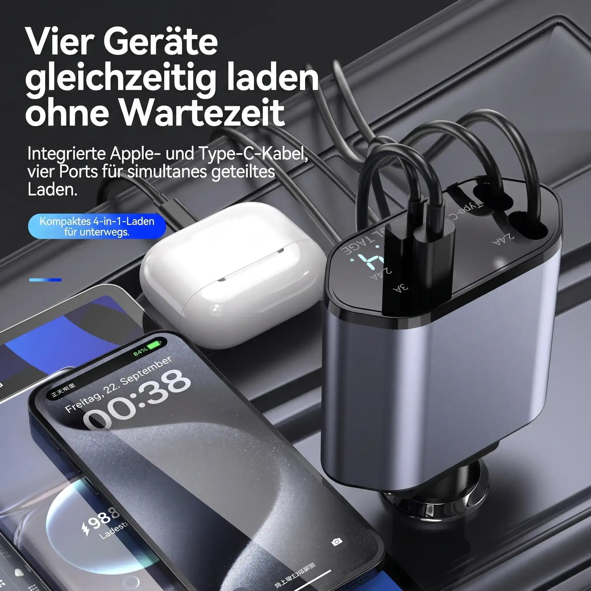 4-in-1 Kfz-Ladegerät mit ausziehbarem Kabel