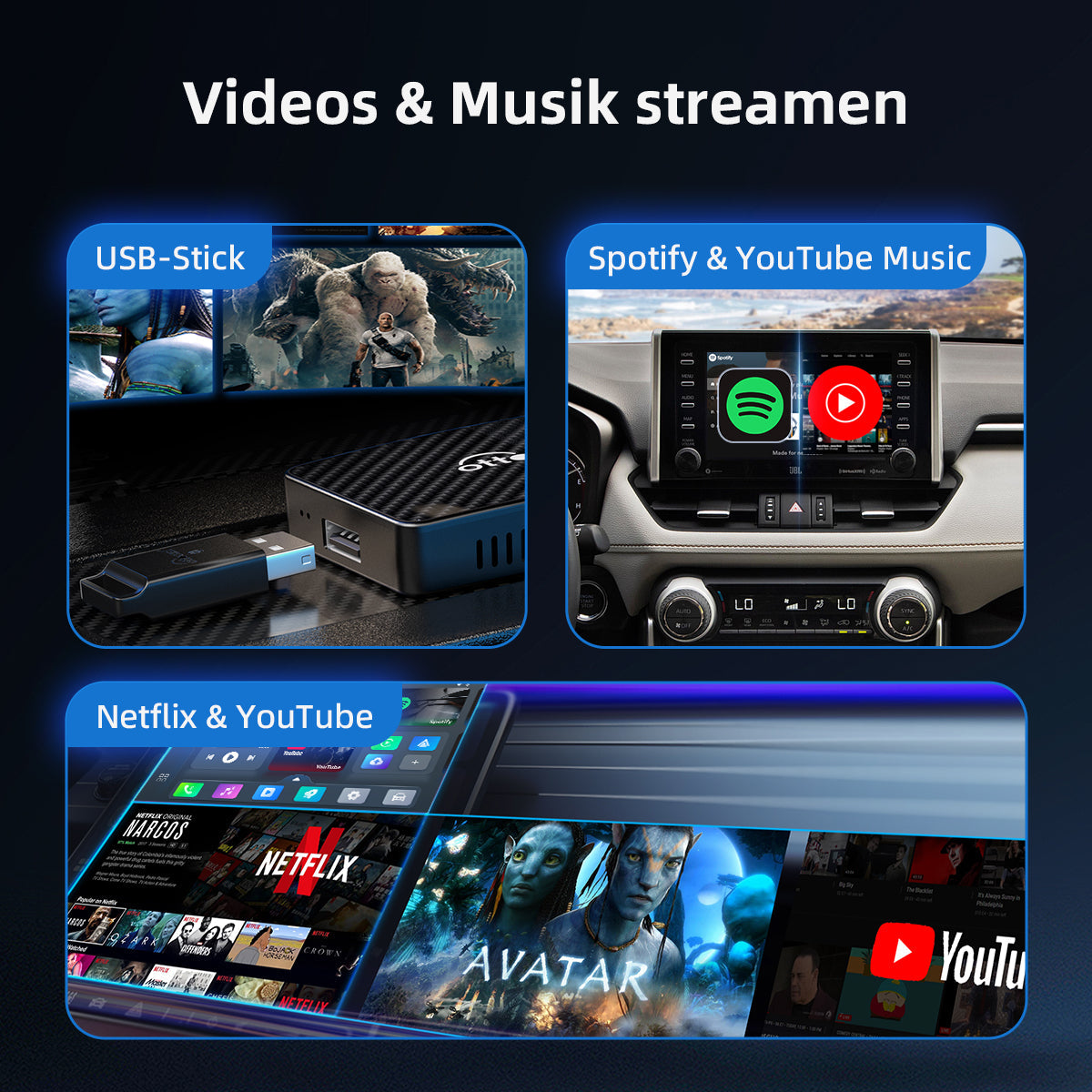 Play2Video Wireless CarPlay/ Android Auto all-in-one adapter, support Netflix and YouTube