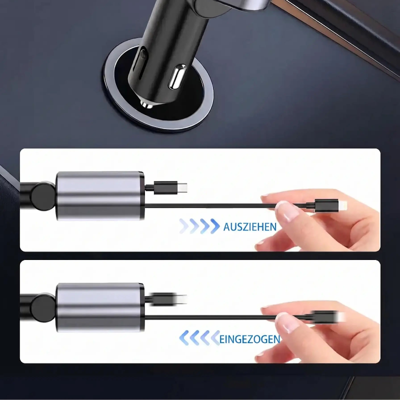 4-in-1 Kfz-Ladegerät mit ausziehbarem Kabel