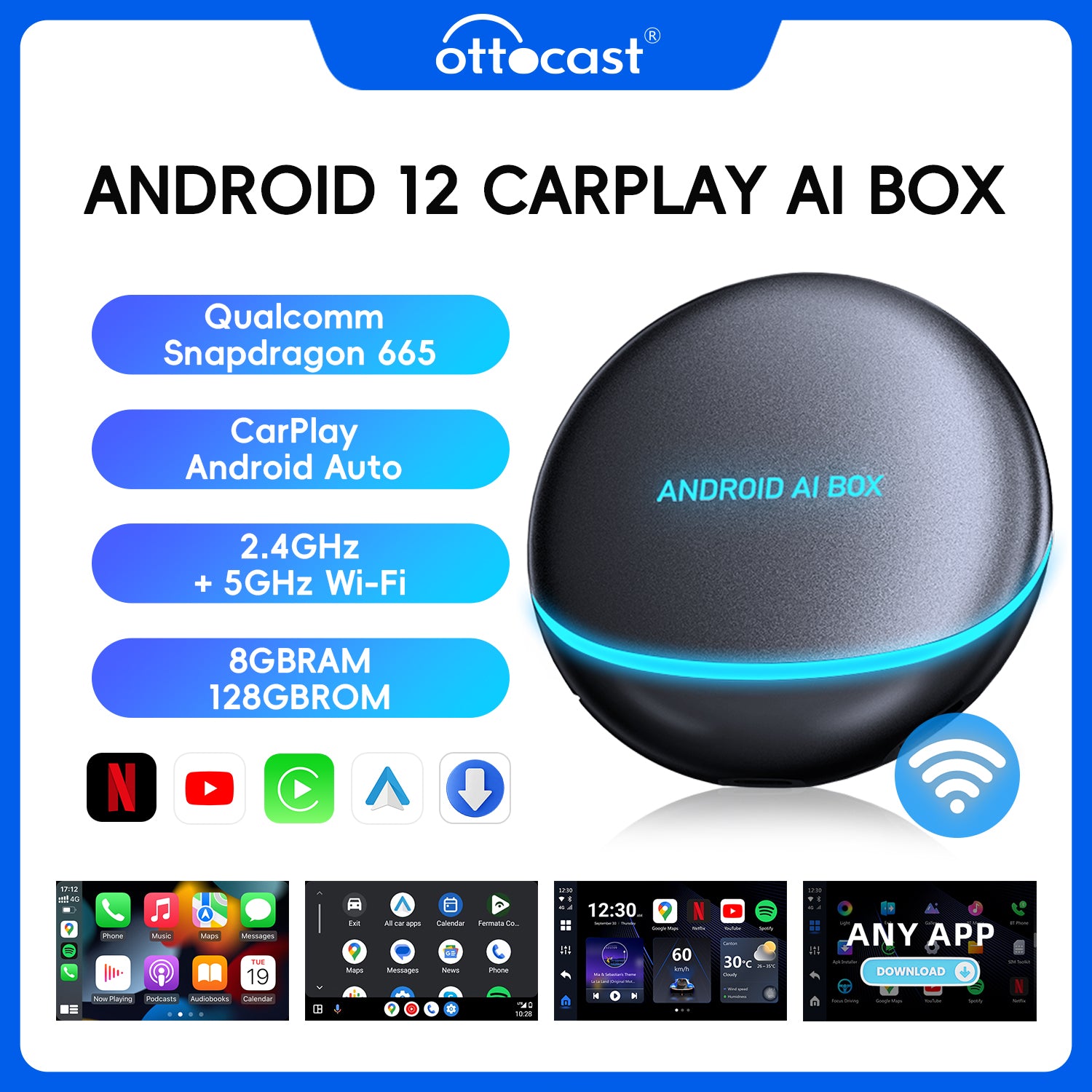 Ottocast® Picasou 3 Pro Android 12 CarPlay AI Box mit Netflix YouTube, 8GB+128GB