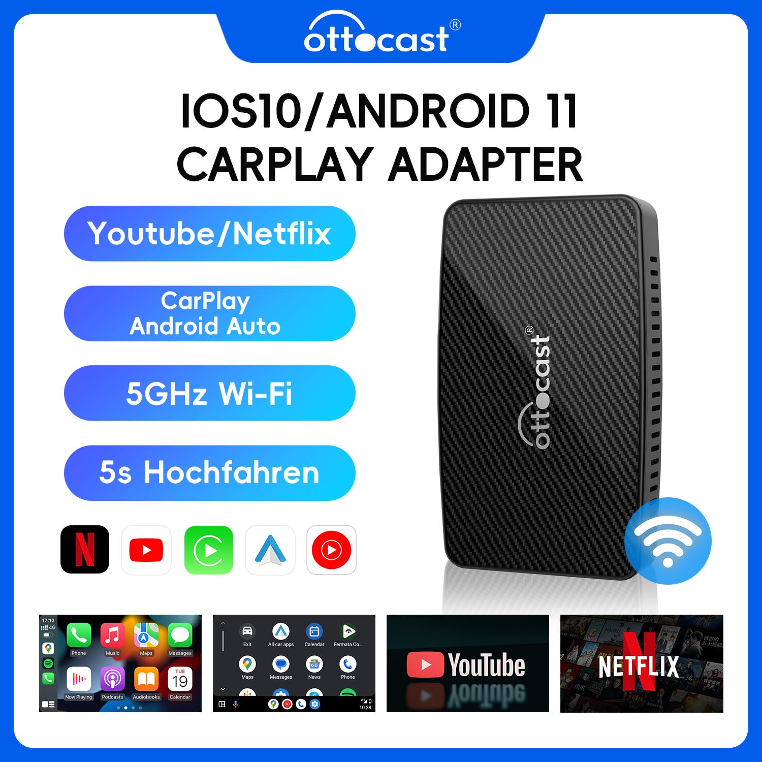 Ottocast® Play2Video Pro Kabelloser CarPlay/Android Auto All-in-One-Adapter