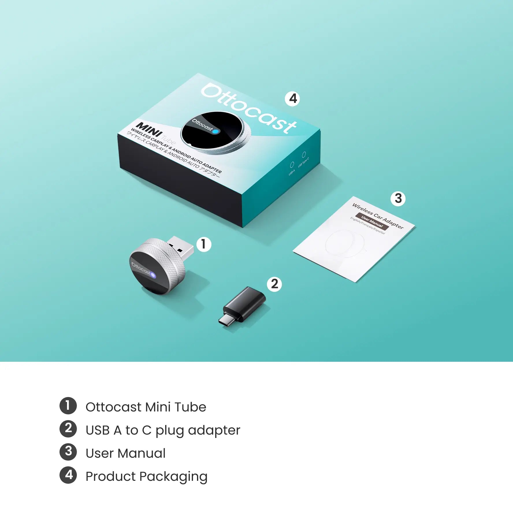 Ottocast® Mini Tube Wireless CarPlay und Android Auto Adapter