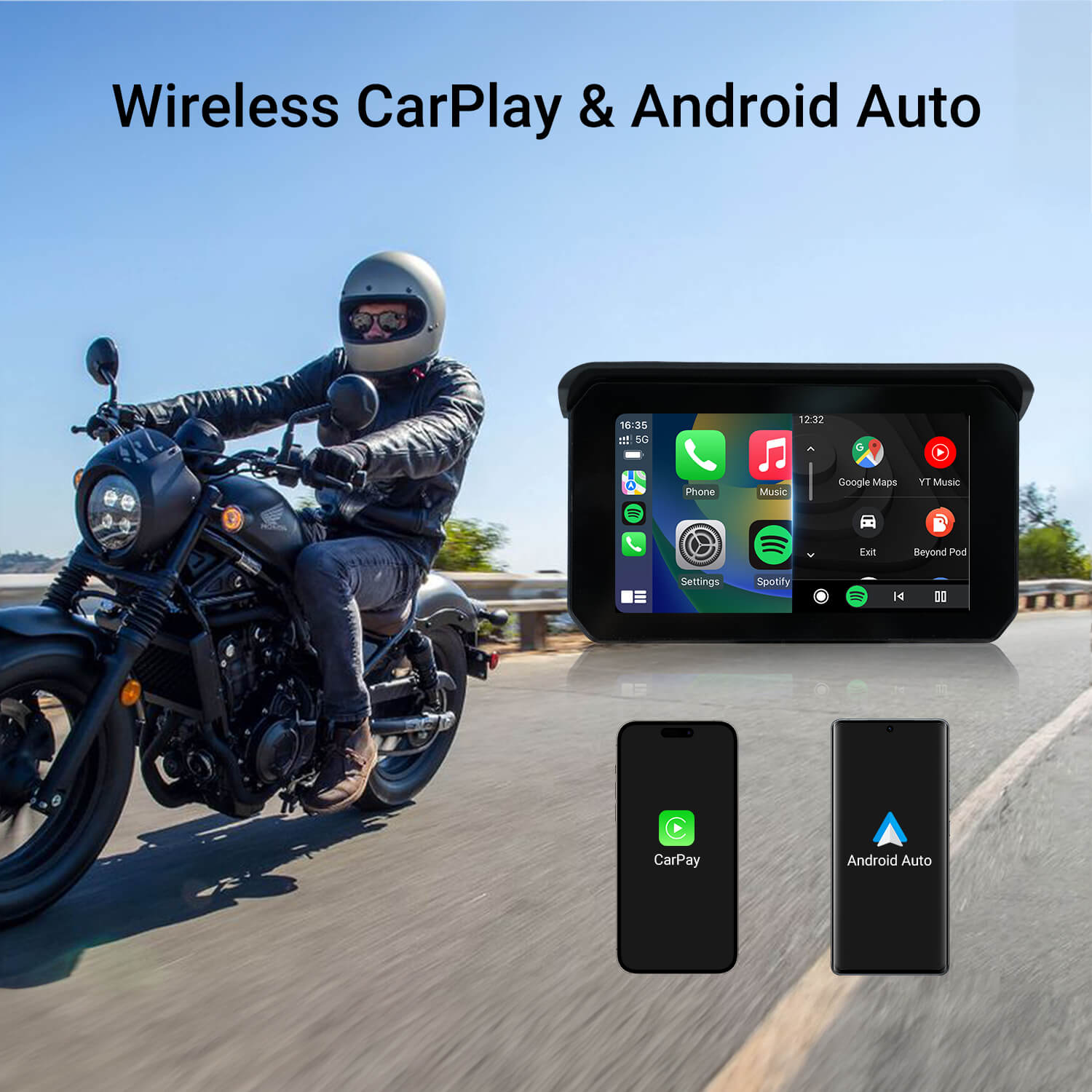 Ottocast® CarPlay Lite C5 SE Tragbarer Motorrad GPS Kabelloser CarPlay/Android Auto Bildschirm