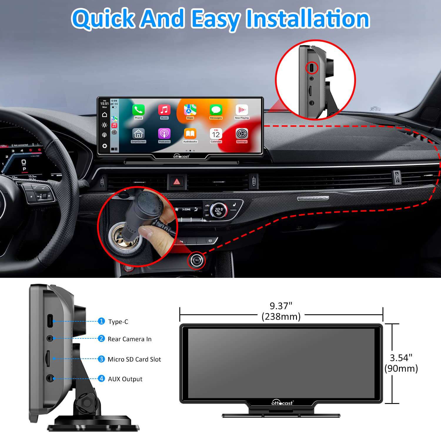 Portable 10" Apple CarPlay & Android Auto car display screen